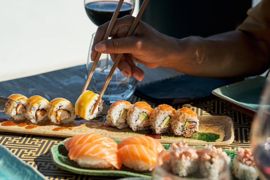 Sushi platter from Kona Grill, featuring a variety of sushi rolls.