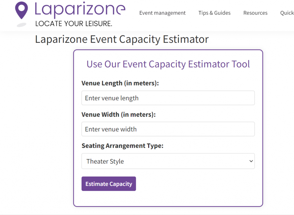 Screenshot of the Laparizone Event Capacity Estimator tool, highlighting options for calculating how many guests can fit in a party space based on square footage and event type.